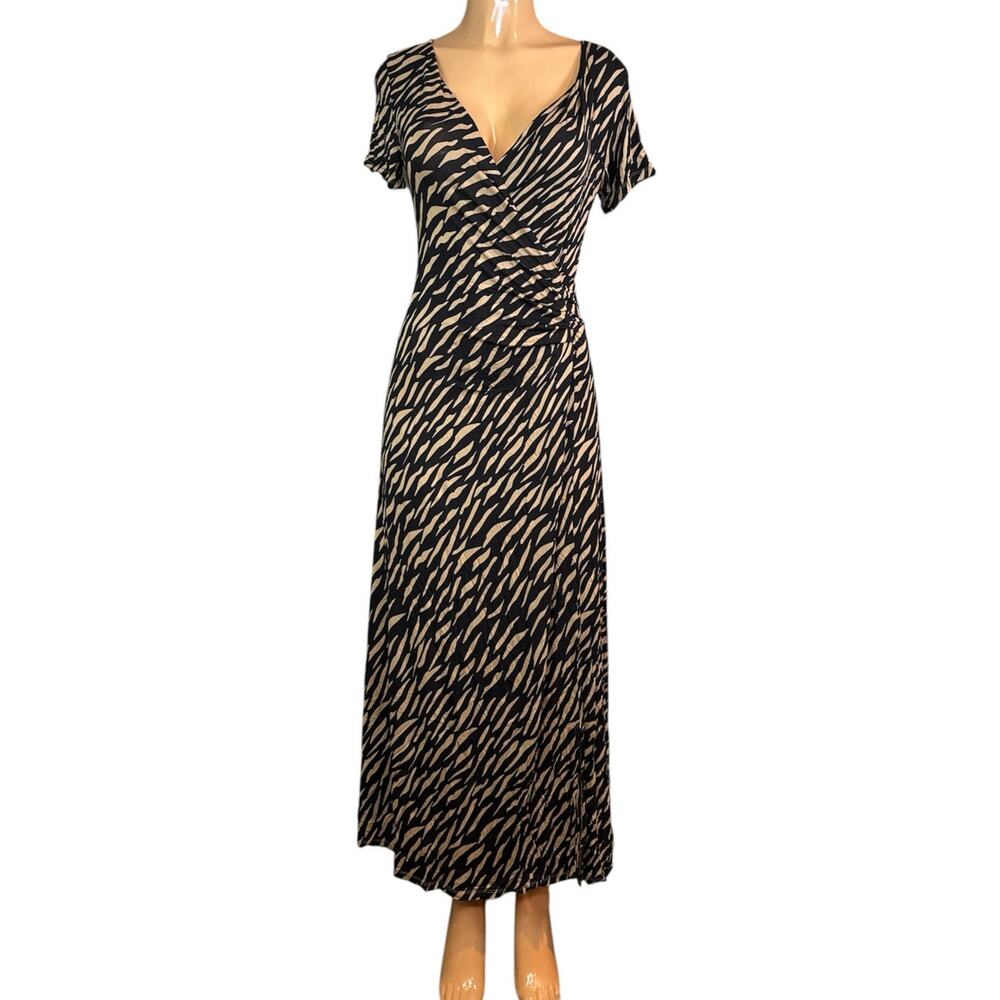 Soft Surroundings Tigris Maxi Dress Animal Print Short Sleeve Black Tan Size XS